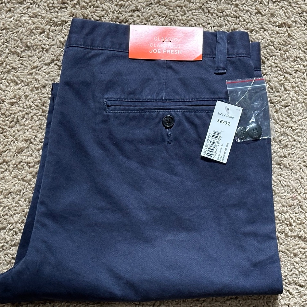 NOS Vintage JOE FRESH Men's Navy Blue Chinos Classic Cut 36 x 32